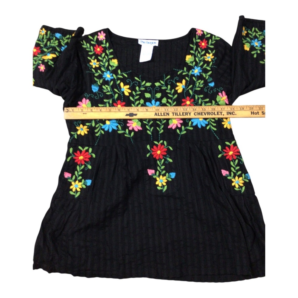 Vintage The Paragon Black Embroidered Floral Tunic Top Large 100% Cotton - Picture 6 of 10